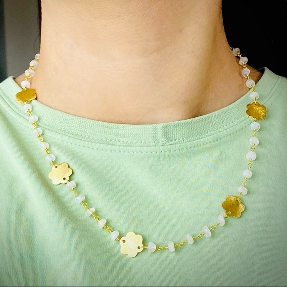 Moonstone Gold Necklace Wire wrapped Crystal Necklace flower charm